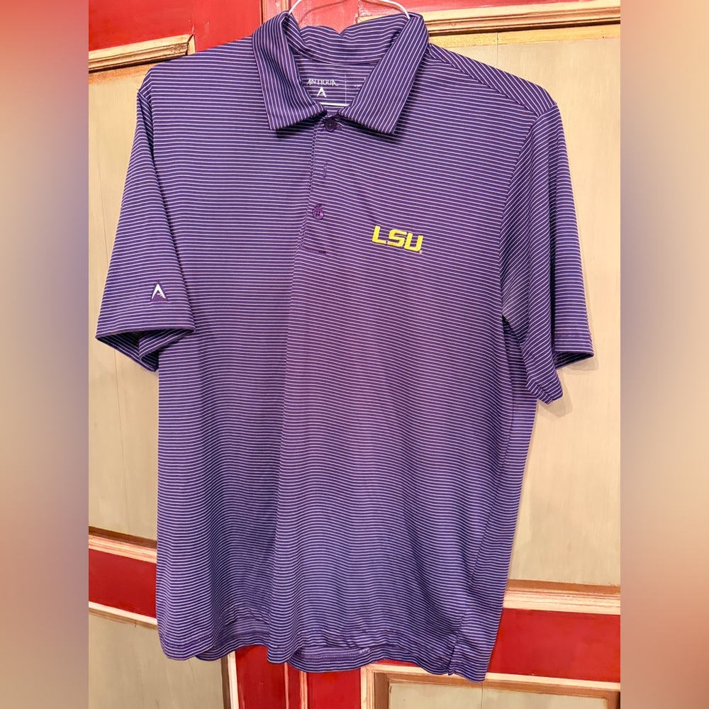 Antigua Men’s LSU Golf Shirt. Purple/Stripes. Large. Like new.